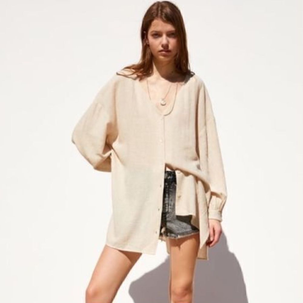Zara- Linen Cotton Button Down Shirt Oversized Beige Women’s, Size XS